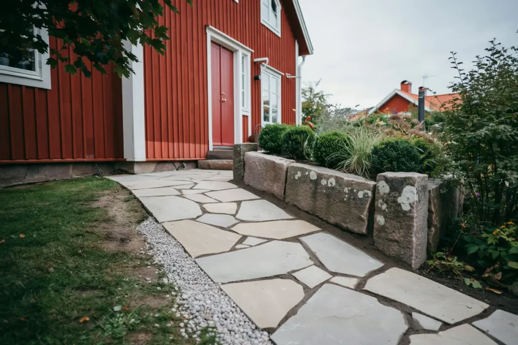 skapa en inbjudande entr med stenl ggning och mur id er material och smarta val f r villatomten